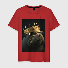 Мужская футболка хлопок с принтом Морж рэпер в короне , 100% хлопок | прямой крой, круглый вырез горловины, длина до линии бедер, слегка спущенное плечо. | 
