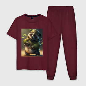 Мужская пижама хлопок с принтом Китайская панда в очках в Кировске, 100% хлопок | брюки и футболка прямого кроя, без карманов, на брюках мягкая резинка на поясе и по низу штанин
 | 