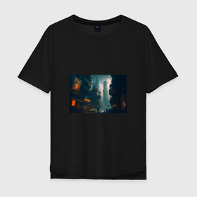 Мужская футболка хлопок Oversize с принтом Cyberpunk 2077 city в Курске, 100% хлопок | свободный крой, круглый ворот, “спинка” длиннее передней части | 