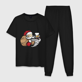 Мужская пижама хлопок с принтом Санта с пивком , 100% хлопок | брюки и футболка прямого кроя, без карманов, на брюках мягкая резинка на поясе и по низу штанин
 | Тематика изображения на принте: 