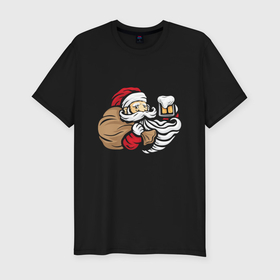 Мужская футболка хлопок Slim с принтом Санта с пивком в Тюмени, 92% хлопок, 8% лайкра | приталенный силуэт, круглый вырез ворота, длина до линии бедра, короткий рукав | 