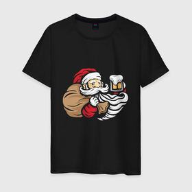 Мужская футболка хлопок с принтом Санта с пивком , 100% хлопок | прямой крой, круглый вырез горловины, длина до линии бедер, слегка спущенное плечо. | 
