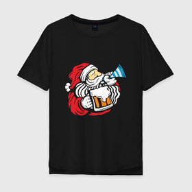 Мужская футболка хлопок Oversize с принтом Санта и пиво в Екатеринбурге, 100% хлопок | свободный крой, круглый ворот, “спинка” длиннее передней части | 