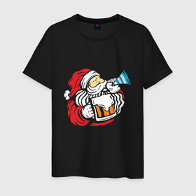 Мужская футболка хлопок с принтом Санта и пиво в Кировске, 100% хлопок | прямой крой, круглый вырез горловины, длина до линии бедер, слегка спущенное плечо. | 
