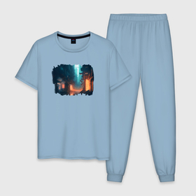 Мужская пижама хлопок с принтом Улицы Найт Сити, города мечты , 100% хлопок | брюки и футболка прямого кроя, без карманов, на брюках мягкая резинка на поясе и по низу штанин
 | 