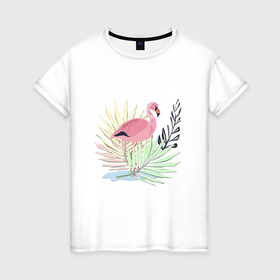Женская футболка хлопок с принтом Розовый фламинго на фоне листьев в Курске, 100% хлопок | прямой крой, круглый вырез горловины, длина до линии бедер, слегка спущенное плечо | 