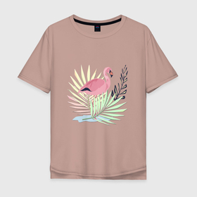 Мужская футболка хлопок Oversize с принтом Розовый фламинго на фоне листьев в Курске, 100% хлопок | свободный крой, круглый ворот, “спинка” длиннее передней части | 