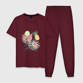 Мужская пижама хлопок с принтом Розовый фламинго в листьях с фруктами в Петрозаводске, 100% хлопок | брюки и футболка прямого кроя, без карманов, на брюках мягкая резинка на поясе и по низу штанин
 | 