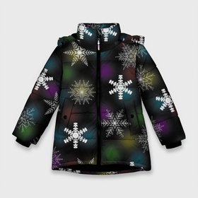 Зимняя куртка для девочек 3D с принтом снежинки и огоньки паттерн в Екатеринбурге, ткань верха — 100% полиэстер; подклад — 100% полиэстер, утеплитель — 100% полиэстер. | длина ниже бедра, удлиненная спинка, воротник стойка и отстегивающийся капюшон. Есть боковые карманы с листочкой на кнопках, утяжки по низу изделия и внутренний карман на молнии. 

Предусмотрены светоотражающий принт на спинке, радужный светоотражающий элемент на пуллере молнии и на резинке для утяжки. | 