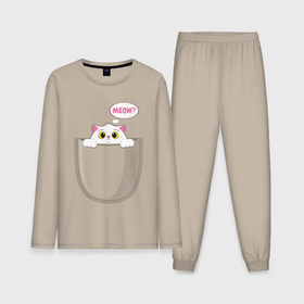 Мужская пижама хлопок (с лонгсливом) с принтом Милый котик в кармане meow в Курске,  |  | Тематика изображения на принте: 