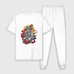 Мужская пижама хлопок с принтом Японские тигры и змеи в Курске, 100% хлопок | брюки и футболка прямого кроя, без карманов, на брюках мягкая резинка на поясе и по низу штанин
 | Тематика изображения на принте: 