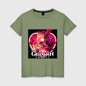 Женская футболка хлопок с принтом Геншин Импакт, любимым в Екатеринбурге, 100% хлопок | прямой крой, круглый вырез горловины, длина до линии бедер, слегка спущенное плечо | 