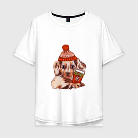Мужская футболка хлопок Oversize с принтом Щенок в зимней шапке и с кофе в Курске, 100% хлопок | свободный крой, круглый ворот, “спинка” длиннее передней части | 