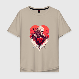 Мужская футболка хлопок Oversize с принтом Witcher: Geralt and heart в Новосибирске, 100% хлопок | свободный крой, круглый ворот, “спинка” длиннее передней части | 