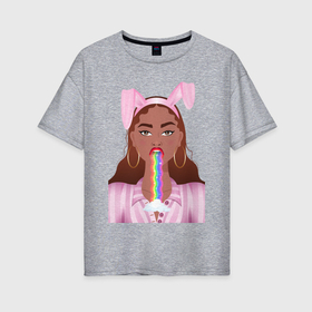 Женская футболка хлопок Oversize с принтом Девушка с ушками кролика , 100% хлопок | свободный крой, круглый ворот, спущенный рукав, длина до линии бедер
 | 
