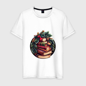 Мужская футболка хлопок с принтом Новый Год и книги в Санкт-Петербурге, 100% хлопок | прямой крой, круглый вырез горловины, длина до линии бедер, слегка спущенное плечо. | 
