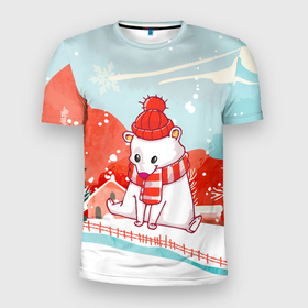 Мужская футболка 3D Slim с принтом Белый мишка новый год в Екатеринбурге, 100% полиэстер с улучшенными характеристиками | приталенный силуэт, круглая горловина, широкие плечи, сужается к линии бедра | 