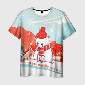 Мужская футболка 3D с принтом Белый мишка новый год в Кировске, 100% полиэфир | прямой крой, круглый вырез горловины, длина до линии бедер | 