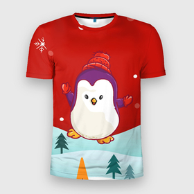 Мужская футболка 3D Slim с принтом Пингвин новый год в Кировске, 100% полиэстер с улучшенными характеристиками | приталенный силуэт, круглая горловина, широкие плечи, сужается к линии бедра | 