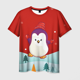 Мужская футболка 3D с принтом Пингвин новый год в Курске, 100% полиэфир | прямой крой, круглый вырез горловины, длина до линии бедер | 