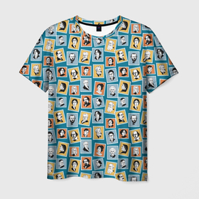 Мужская футболка 3D с принтом Портреты великих писателей на синем в Белгороде, 100% полиэфир | прямой крой, круглый вырез горловины, длина до линии бедер | 