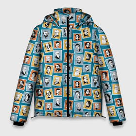 Мужская зимняя куртка 3D с принтом Портреты великих писателей на синем в Тюмени, верх — 100% полиэстер; подкладка — 100% полиэстер; утеплитель — 100% полиэстер | длина ниже бедра, свободный силуэт Оверсайз. Есть воротник-стойка, отстегивающийся капюшон и ветрозащитная планка. 

Боковые карманы с листочкой на кнопках и внутренний карман на молнии. | 