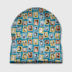 Шапка 3D с принтом Портреты великих писателей на синем в Тюмени, 100% полиэстер | универсальный размер, печать по всей поверхности изделия | 