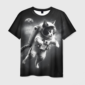 Мужская футболка 3D с принтом Фелисетт первая в космосе кошка в Петрозаводске, 100% полиэфир | прямой крой, круглый вырез горловины, длина до линии бедер | Тематика изображения на принте: 