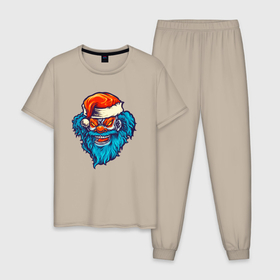 Мужская пижама хлопок с принтом Злой Санта с синей бородой в Екатеринбурге, 100% хлопок | брюки и футболка прямого кроя, без карманов, на брюках мягкая резинка на поясе и по низу штанин
 | 