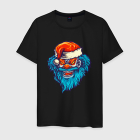 Мужская футболка хлопок с принтом Злой Санта с синей бородой в Екатеринбурге, 100% хлопок | прямой крой, круглый вырез горловины, длина до линии бедер, слегка спущенное плечо. | Тематика изображения на принте: 
