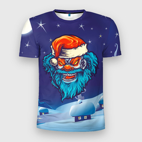 Мужская футболка 3D Slim с принтом Злой Санта синяя борода в Екатеринбурге, 100% полиэстер с улучшенными характеристиками | приталенный силуэт, круглая горловина, широкие плечи, сужается к линии бедра | 