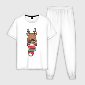 Мужская пижама хлопок с принтом Олень в рождественском носке , 100% хлопок | брюки и футболка прямого кроя, без карманов, на брюках мягкая резинка на поясе и по низу штанин
 | 