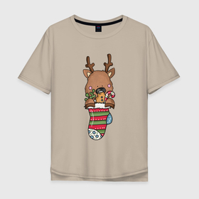 Мужская футболка хлопок Oversize с принтом Олень в рождественском носке в Курске, 100% хлопок | свободный крой, круглый ворот, “спинка” длиннее передней части | Тематика изображения на принте: 