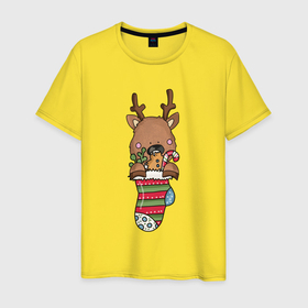 Мужская футболка хлопок с принтом Олень в рождественском носке в Тюмени, 100% хлопок | прямой крой, круглый вырез горловины, длина до линии бедер, слегка спущенное плечо. | Тематика изображения на принте: 