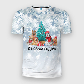 Мужская футболка 3D Slim с принтом Собачки поздравляют с новым годом в Новосибирске, 100% полиэстер с улучшенными характеристиками | приталенный силуэт, круглая горловина, широкие плечи, сужается к линии бедра | 