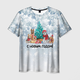 Мужская футболка 3D с принтом Собачки поздравляют с новым годом в Екатеринбурге, 100% полиэфир | прямой крой, круглый вырез горловины, длина до линии бедер | 