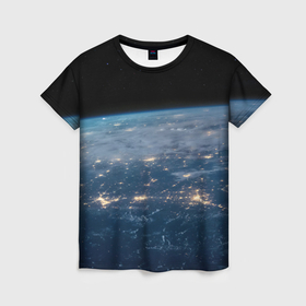 Женская футболка 3D с принтом Планета, космос и огни в Кировске, 100% полиэфир ( синтетическое хлопкоподобное полотно) | прямой крой, круглый вырез горловины, длина до линии бедер | 
