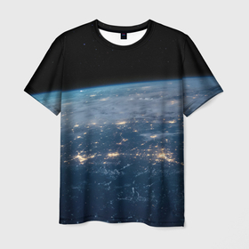 Мужская футболка 3D с принтом Планета, космос и огни в Кировске, 100% полиэфир | прямой крой, круглый вырез горловины, длина до линии бедер | 