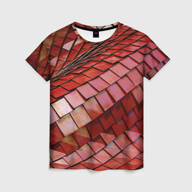 Женская футболка 3D с принтом Красный паттерн из металлических блоков в Тюмени, 100% полиэфир ( синтетическое хлопкоподобное полотно) | прямой крой, круглый вырез горловины, длина до линии бедер | Тематика изображения на принте: 