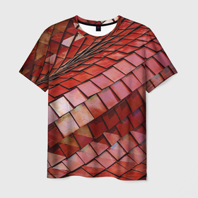 Мужская футболка 3D с принтом Красный паттерн из металлических блоков , 100% полиэфир | прямой крой, круглый вырез горловины, длина до линии бедер | 