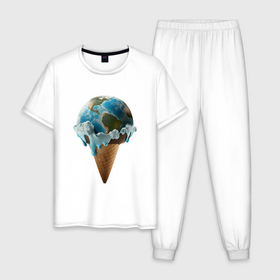 Мужская пижама хлопок с принтом Земля в виде таящего шарика мороженого на рожке в Кировске, 100% хлопок | брюки и футболка прямого кроя, без карманов, на брюках мягкая резинка на поясе и по низу штанин
 | 