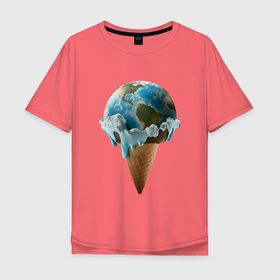 Мужская футболка хлопок Oversize с принтом Земля в виде таящего шарика мороженого на рожке в Тюмени, 100% хлопок | свободный крой, круглый ворот, “спинка” длиннее передней части | Тематика изображения на принте: 