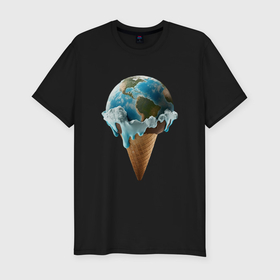 Мужская футболка хлопок Slim с принтом Земля в виде таящего шарика мороженого на рожке в Тюмени, 92% хлопок, 8% лайкра | приталенный силуэт, круглый вырез ворота, длина до линии бедра, короткий рукав | Тематика изображения на принте: 