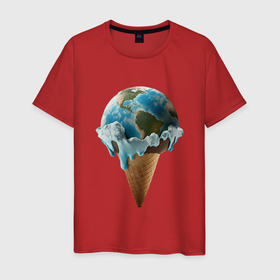 Мужская футболка хлопок с принтом Земля в виде таящего шарика мороженого на рожке в Тюмени, 100% хлопок | прямой крой, круглый вырез горловины, длина до линии бедер, слегка спущенное плечо. | Тематика изображения на принте: 