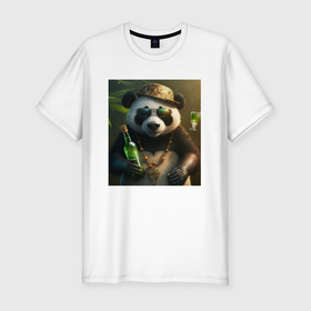 Мужская футболка хлопок Slim с принтом панда на отдыхе чилит , 92% хлопок, 8% лайкра | приталенный силуэт, круглый вырез ворота, длина до линии бедра, короткий рукав | 