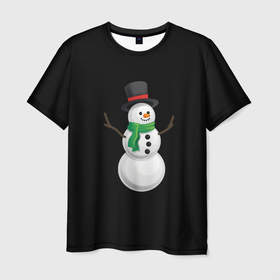 Мужская футболка 3D с принтом Новогодний снеговик с шарфом , 100% полиэфир | прямой крой, круглый вырез горловины, длина до линии бедер | 