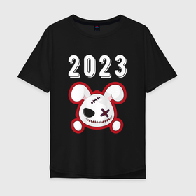 Мужская футболка хлопок Oversize с принтом 2023 Кролик злой: символ и надпись в Екатеринбурге, 100% хлопок | свободный крой, круглый ворот, “спинка” длиннее передней части | 