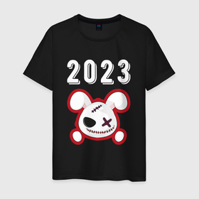 Мужская футболка хлопок с принтом 2023 Кролик злой: символ и надпись в Екатеринбурге, 100% хлопок | прямой крой, круглый вырез горловины, длина до линии бедер, слегка спущенное плечо. | 