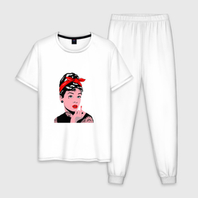Мужская пижама хлопок с принтом Audrey Hepburn actress в Екатеринбурге, 100% хлопок | брюки и футболка прямого кроя, без карманов, на брюках мягкая резинка на поясе и по низу штанин
 | Тематика изображения на принте: 