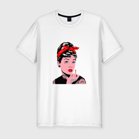 Мужская футболка хлопок Slim с принтом Audrey Hepburn actress в Тюмени, 92% хлопок, 8% лайкра | приталенный силуэт, круглый вырез ворота, длина до линии бедра, короткий рукав | 